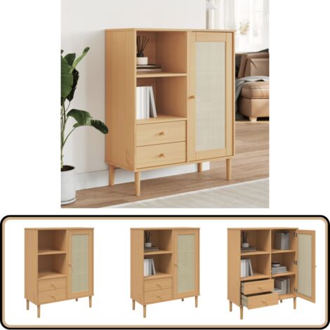 Highboard SENJA Rattan-Optik Braun 90x40x112 cm Kiefernholz - Hochboard - Wohnzimmermöbel - Sideboard - Regal - TV-Schrank