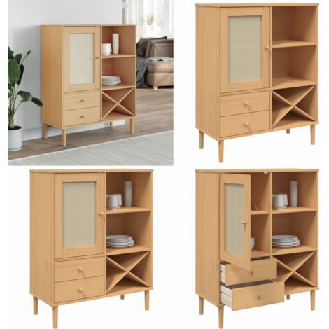 Highboard SENJA Rattan-Optik Braun 90x40x112 cm Kiefernholz - Hochboard - Wohnzimmermöbel - Sideboard - Regal - TV-Schrank - Home & Living