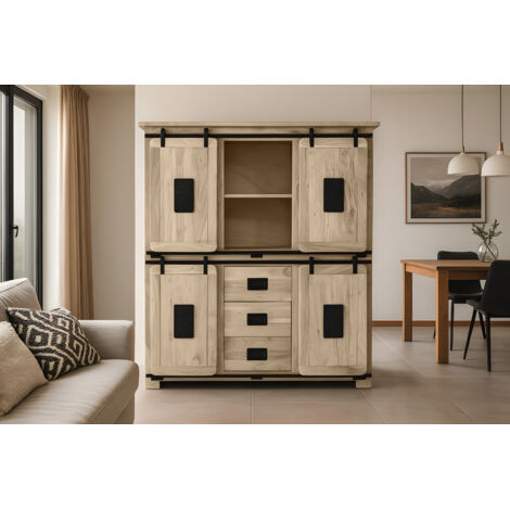Highboard Vitrine Akazie massiv 150 x 45 x 160 cm eichefarben LIBRO