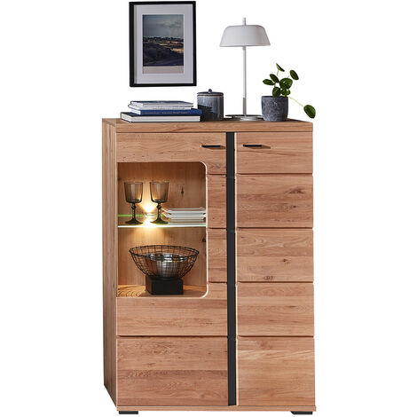 Highboard Vitrine mit Esche Massivholzfront inkl. LED-Beleuchtung STAVEN-36 mit Absetzungen in schwarz matt, B/H/T ca. 90/134/38 cm