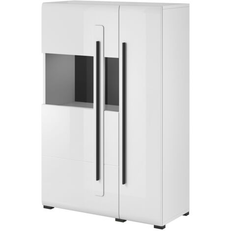Highboard Vitrine weiß Hochglanz TURDA-83 modern mit Absetzungen in schwarz, B/H/T: ca. 90/136/39 cm