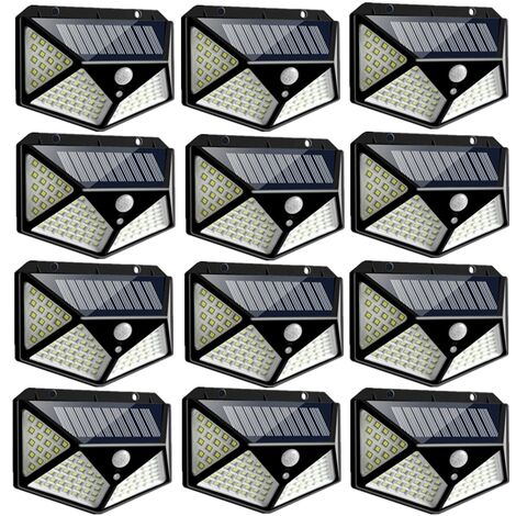 Highsam – Lampe solaire 100LED IP65 étanche – Détection PIR 120° – Installation 3-5M – Éclairage 270° – Lot de 12