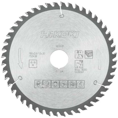 HIKOKI 752438 - Disco para sierra circular e ingletadora 190x2.6x1.6 mm eje 30 mm 48 dientes para madera