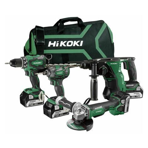 HiKOKI KC18DG4LWDZ - Set d'outils Li-Ion 18V - Perceuse visseuse, visseuse à choc, marteau perforateur, meuleuse d'angle (3 x batterie 5.0 Ah et chargeur) dans sac