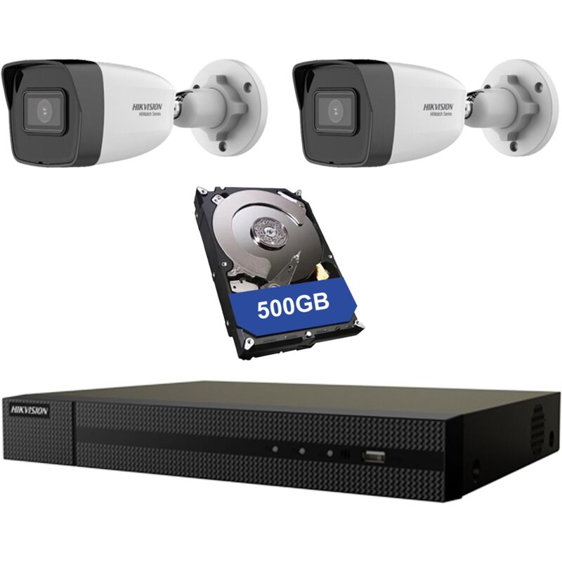 Hikvision - video surveillance kit 2X cameras 2MPX nvr 500 gb hiwatch 4 canaux 6 mpx