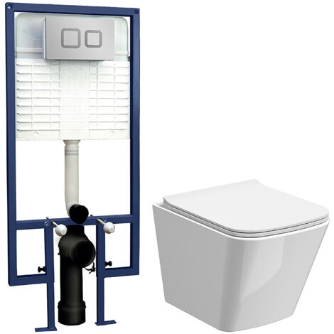 Hilderstone Soft Square Wall Hung Toilet Pan, Soft Close Seat & Concealed Cistern with Square Push Button Plate, 325mm - Balterley