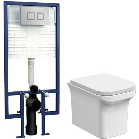 Hilderstone Soft Square Wall Hung Toilet Pan, Soft Close Seat & Concealed Cistern with Square Push Button Plate, 390mm - Balterley
