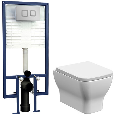 Hilderstone Square Wall Hung Toilet Pan, Soft Close Seat & Concealed Cistern with Square Push Button Plate, 325mm - Balterley
