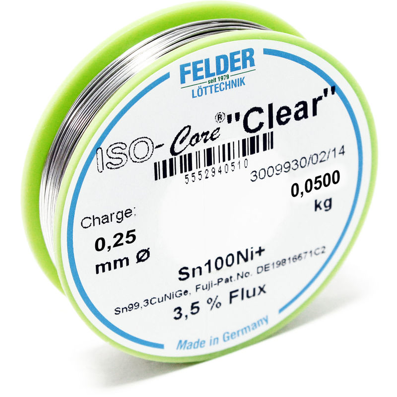 

Hilo de soldadura Felder ISO-Core Estaño 'Clear' 0.25mm 0.05kg Sn100Ni+ Sn99,3CuNiGe