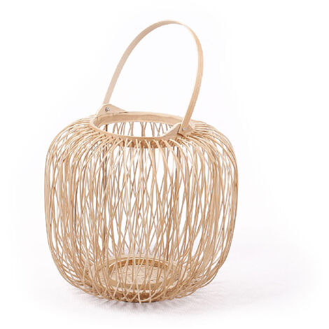 HILO - Lanterne M en Bambou Tressé à la Main - Avec Verre pour Photophore - 26cm - Style Bohème et Ethnique - Couleur Beige - Finition Naturelle