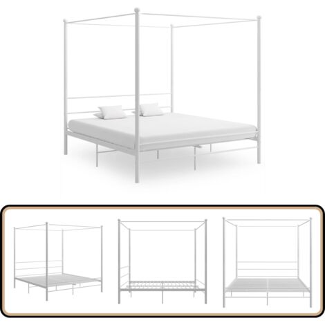 Himmelbett Weiß Metall 180x200 cm - Himmelbett - Bettrahmen - Metallbett - Doppelbett - Weißes Bett