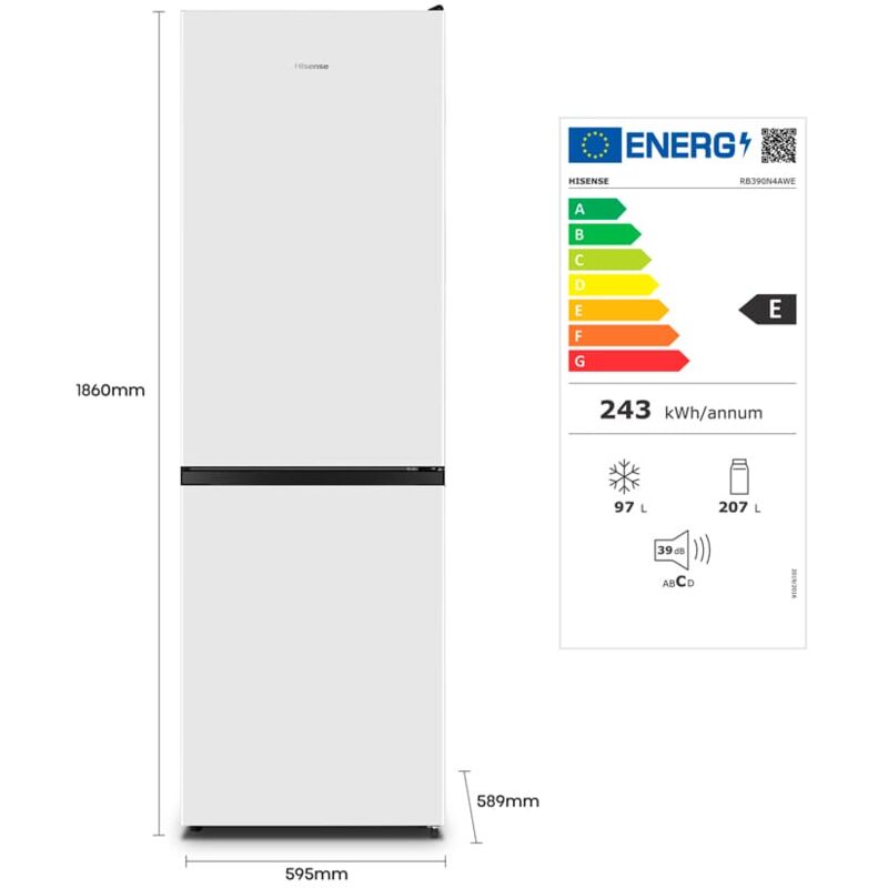 Image of Hisense - RB390N4AWE. Capacità netta totale: 304 l. Cerniera porta: Destra, Tipo di display: led. Classe climatica: sn-n, Emissione acustica: 39 dB.