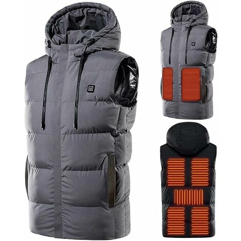 Hiver Gilet Chauffant Vêtement Veste Chauffant Chaud Chauffé Thermique Electrique Encapuchonné d'Hiver,Lavable Charge USB,3 Températures 7 Zones Chauffage(Batterie Non Incluse) Gris