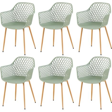 H.J WeDoo Chaise de Jardin Lot de 6, Chaise de Jardin Exterieur, Coque en PP, Structure en métal, accoudoirs, Patins réglables en Hauteur, Charge maximale 120 kg, Vert-Gris