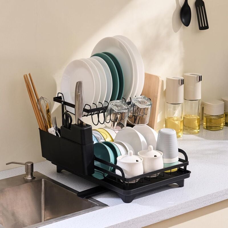H.J WeDoo Egoutoire Vaisselle Cuisine, Égouttoir à Vaisselle 2 Niveaux, Grande Capacité Égouttoir Vaisselle sur Evier INOX, Égouttoirs Noir avec Bac