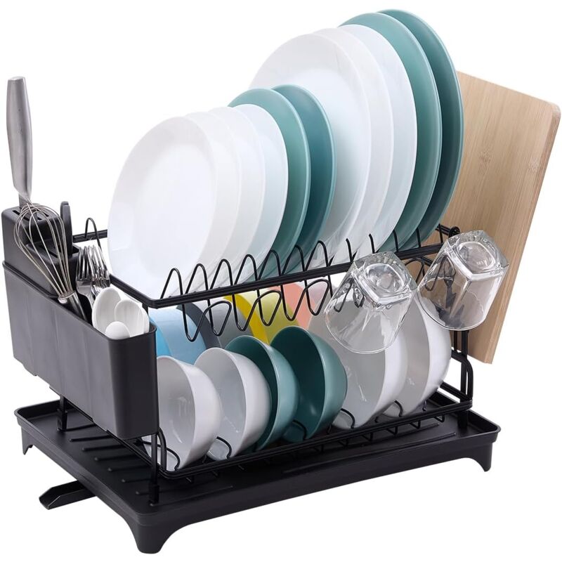 Egoutoire Vaisselle Cuisine, Égouttoir à Vaisselle 2 Niveaux, Grande Capacité Égouttoir Vaisselle sur Evier inox, Égouttoirs Noir avec Bac