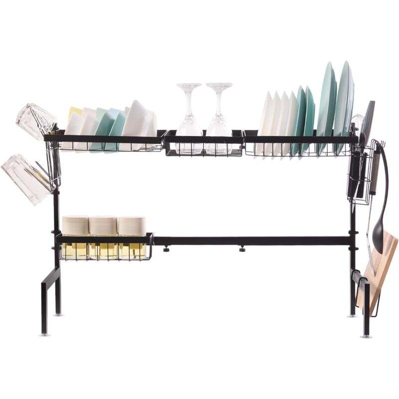Goutoire Vaisselle Cuisine, Égouttoir à Vaisselle 2 Niveaux, Grande Capacité Égouttoir Vaisselle sur Évier inox, Égouttoirs Noir avec La Longueur et