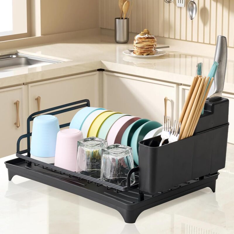 Egoutoire Vaisselle Cuisine, Égouttoir à Vaisselle, Grande Capacité Égouttoir Vaisselle sur Evier inox, Égouttoirs Noir avec Bac d'Égouttement