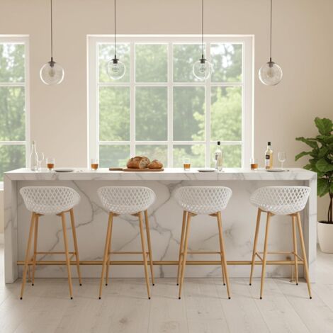 H.J WeDoo Ensemble de 4 Tabourets de Bar avec Dossier, Ergonomiques et Réglables en Hauteur pour Cuisine, Restaurant, Comptoir - Blanc