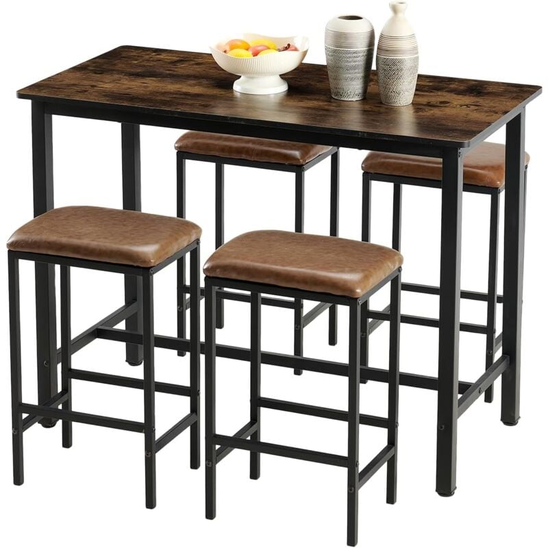 Lot de 5 chaises de Salle à Manger, avec 4 tabourets de Bar rembourrés, pour Cuisine et Salle à Manger, Cadre en métal, Marron - H.j Wedoo