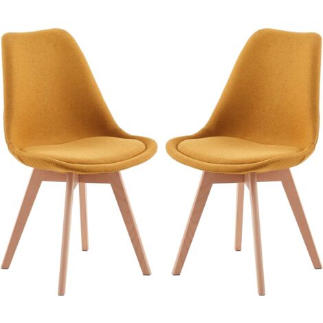 H.J WeDoo Lot de 2 Chaises de Salle à Manger Scandinaves en Tissu, Chaises de Cuisine avec Rembourrés & Bois de Hêtre Massif, Jaune