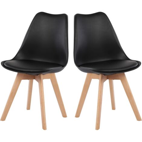 H.J Wedoo – Lot de 2 chaises scandinaves – Pieds en bois de hêtre massif – Assise rembourrée en cuir synthétique – Hauteur d'assise 46.5 cm – Noir