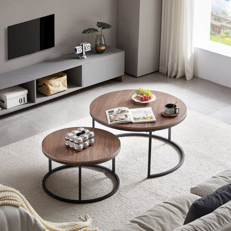 Lot de 2 table basse scandinave-table basse gigogne Ronde-table salon-80x45cm/60x35cm-couleur Marron - H.j Wedoo