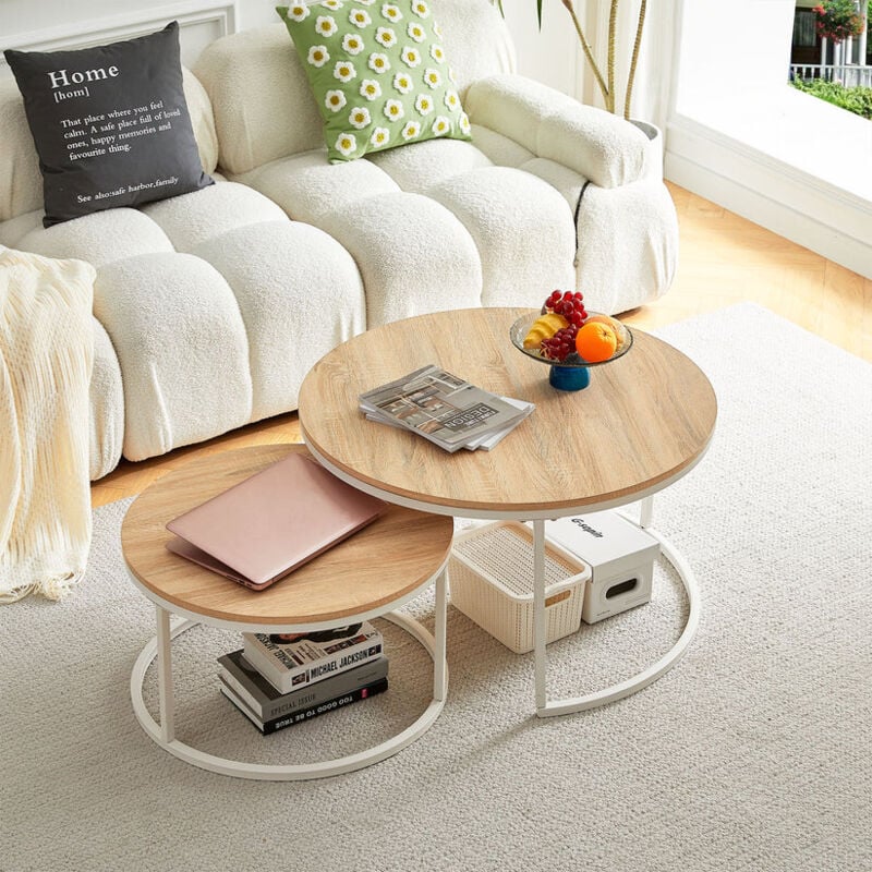H.j Wedoo - Lot de 2 Tables Basses Gigognes Rondes Style Scandinave - Table de Salon - 80 x 45 cm et 60 x 35 cm - Couleur Chêne