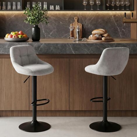 H.J WeDoo Lot de 2 tabourets de bar réglables en hauteur avec dossier, repose-pieds et repose-pieds rembourrés, pivotants à 360°, modernes, pour cuisine, bar et salle à manger, en velours, gris