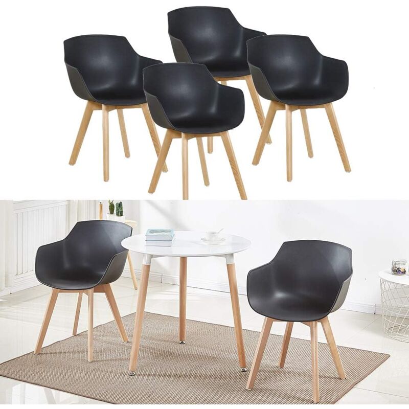 H.j Wedoo - Lot de 4 Chaise Salle à Manger, Fauteuils Scandinave de Chaise latérale Design rétro avec Jambe de Bois de hêtre Massif - Noir