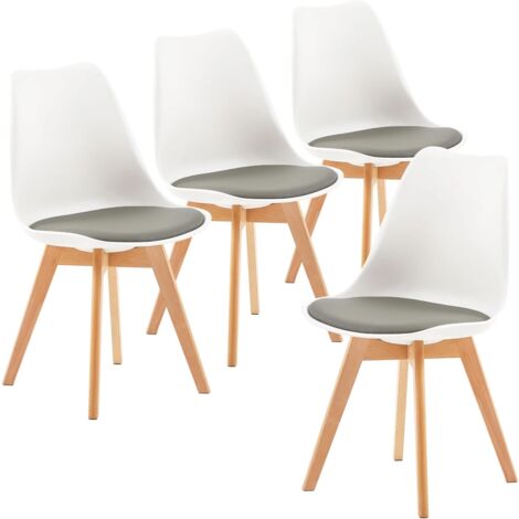 H.J WeDoo Lot de 4 Chaises de Salle à Manger Scandinaves, Chaises de Cuisine Classique avec Coussin en Cuir Gris & Bois de Hêtre Massif, Blanc & Gris