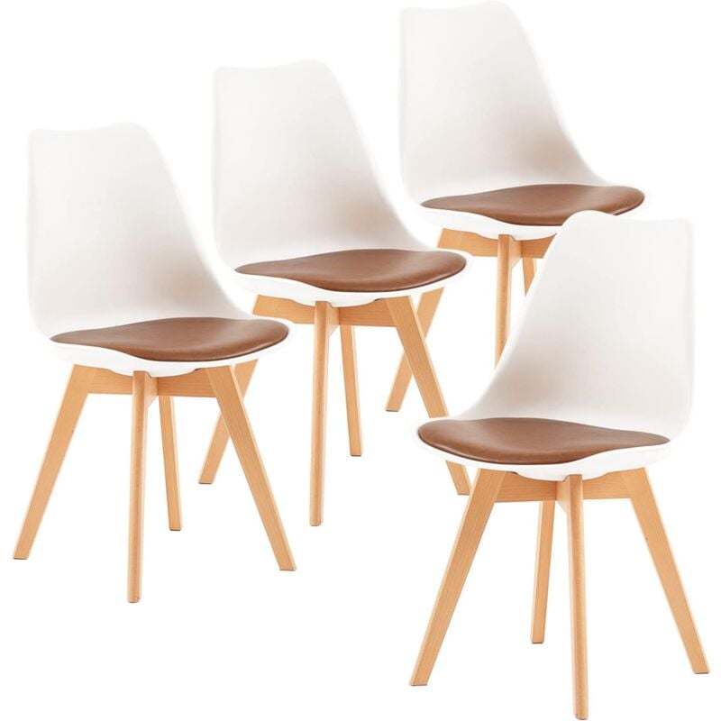 H.j Wedoo - Lot de 4 Chaises de Salle à Manger Scandinaves, Moderne Chaise de Cuisine avec Coussin en Marron & Bois de Hêtre Massif, Blanc & Marron