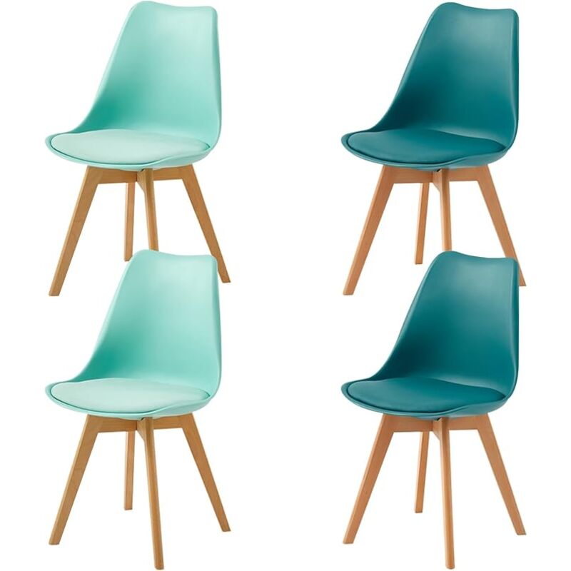 H.j Wedoo - Lot de 4 Chaises Salle à Manger Scandinaves, Chaises Cuisine Design avec Coussin, Bois de Hêtre Massif, Vert Menthe+Turquoise