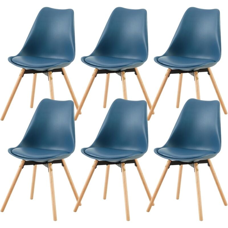H.j Wedoo - Lot de 6 chaises de salle à manger, rembourrées, pour cuisine, assise, dossier, salon, salle de conférence, en bois massif, bleu foncé