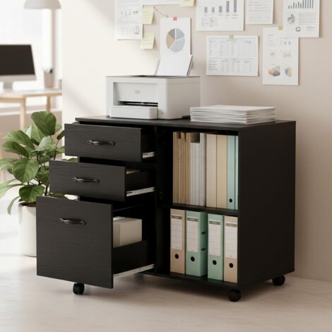 H.J WeDoo Meuble de bureau à roulettes avec 5 roulettes, 3 tiroirs et 2 compartiments ouverts, design industriel, pour documents, noir