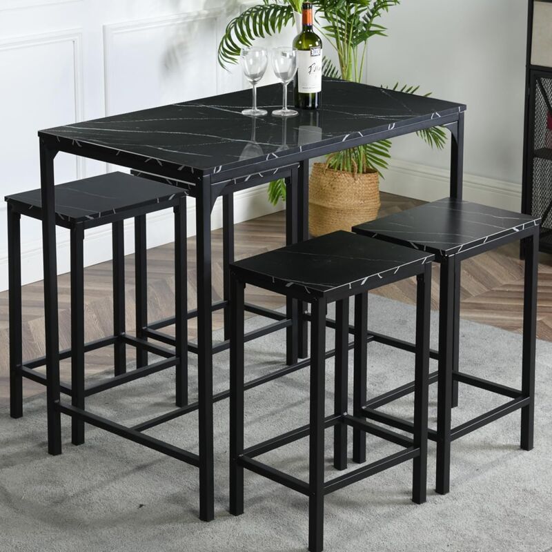 H.J WeDoo Table à manger et chaises de bar avec 4 chaises, comptoir de cuisine, comptoir de salon, structure en acier, design industriel, table de