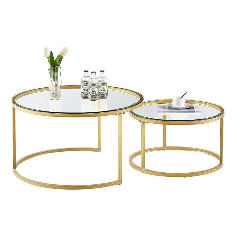 Tables Basses Gigognes Rondes Style Scandinave - Table de Salon - 80 x 45 cm et 60 x 35 cm - Plateau en Verre, Pieds en Métal Doré - H.j Wedoo