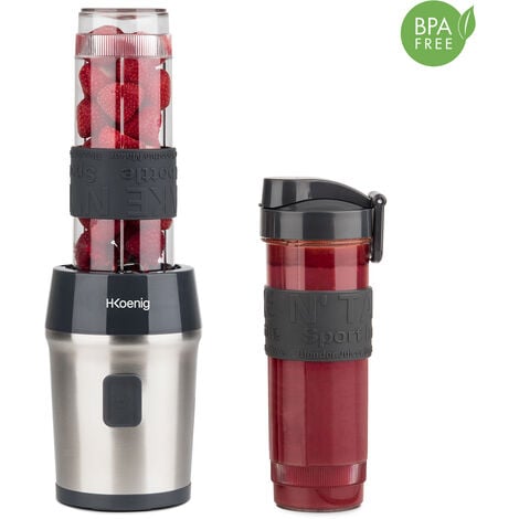 HKoenig SMOO9 Batidora de Vaso Portátil, Smoothie Maker, Mini Batidora Para Zumos, Batidos, Smoothies, Capacidad de 570 mL, 300 W, Incluye 2 Botellas Deportivas Portátiles, Acero Inoxidable