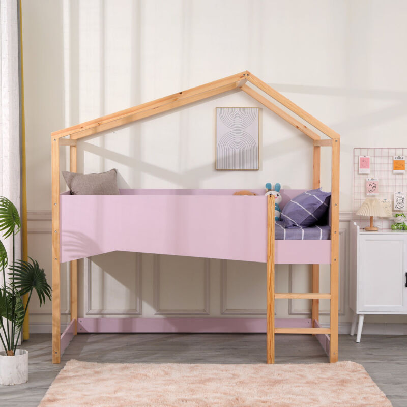 HMD FURNITURE Pink Solid Pine Wood and MDF Fence,Children Bed Frame High Sleeper Bed Children Single Bed Toddler Bunk,Cabin