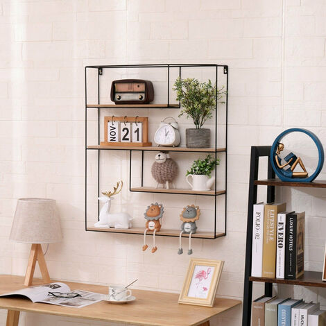 HMD FURNITURE Small 4 Tier Rectangular Hanging Shelves,Wall Shelves Display Racks Storage Unit Decoration,Fully Assemblyed,70x11x60cm(LxWxH) - Natural
