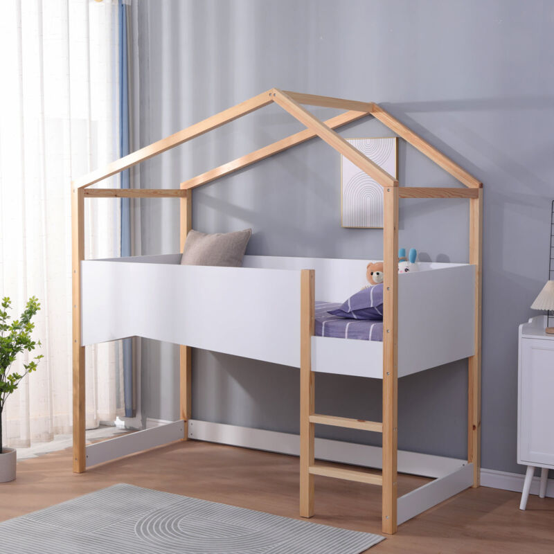White Solid Pine Wood and mdf Fence,Children Bed Frame High Sleeper Bed Children Single Bed Toddler Bunk,Cabin Bed,Mattress(WITHOUT):90x190cm - White