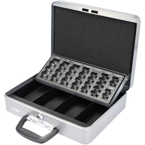 HMF 10016-09 Geldkassette abschließbar mit Münzzählbrett, Kasse mit Koffergriff  30,5 x 24 x 8,5 cm  Silber