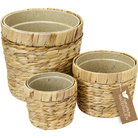 HMF 37280-14CM+19CM+25CM Innovativer Blumentopf geflochten aus Wasserhyazinthe, mit Pflanztopf aus nachhaltigen Rohstoffen, Rund, 3er Set, 14 cm + 19 cm + 25 cm Durchmesser