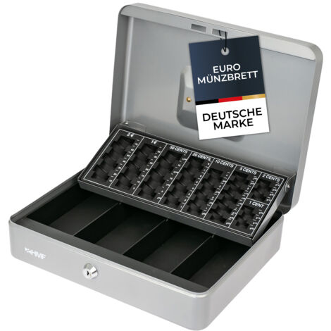 HMF 4215 Geldkassette mit Euro-Münzzählbrett, 30,5 x 24 x 8,5 cm, Silber