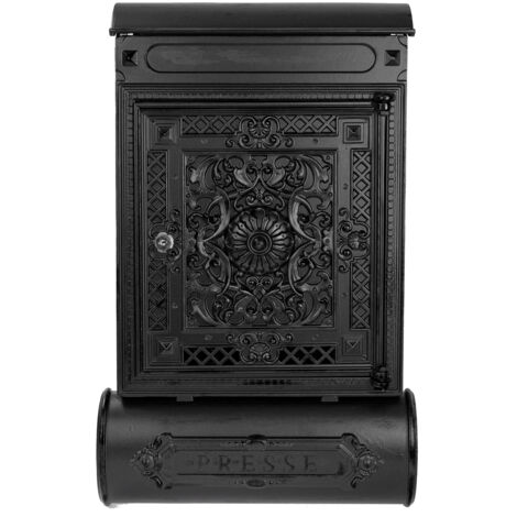 HMF 512-02 Briefkasten Antik mit Zeitungsfach, Vintage Postkasten aus Aluguss, 57 x 35 x 10 cm, Schwarz