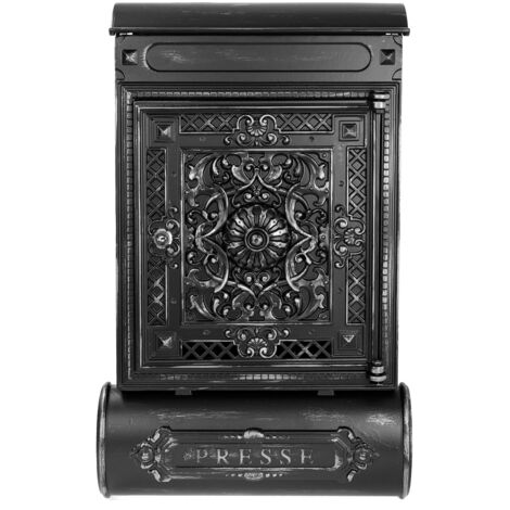 HMF 512-09 Briefkasten Antik mit Zeitungsfach, Vintage Postkasten aus Aluguss, 57 x 35 x 10 cm, Schwarz-Silber