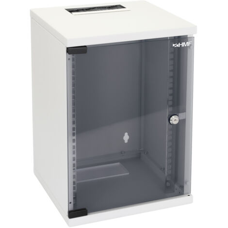HMF 63409-07 Netzwerkschrank, Serverschrank 10 Zoll, 9 HE, 300 mm Tiefe, Voll montiert, Glastür, Lichtgrau