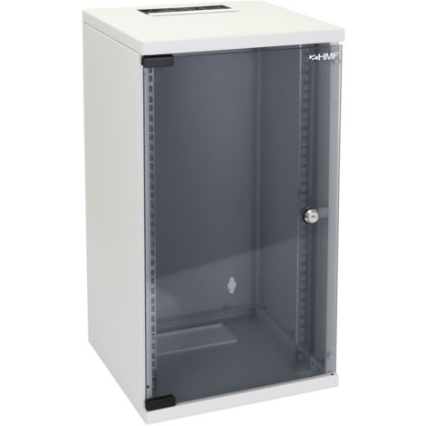 HMF 63412-07 Netzwerkschrank, Serverschrank 10 Zoll, 12 HE, 300 mm Tiefe, Voll montiert, Glastür, Lichtgrau