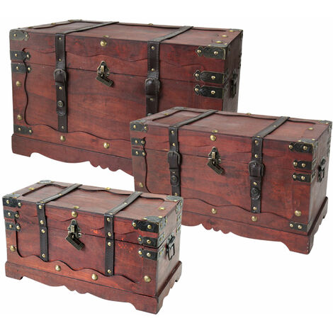 HMF 6400700 Schatztruhe aus Holz mit Schloss, 3er Set, Versch. Größen, Frankreich