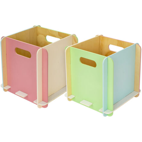 HMF Aufbewahrungsbox aus Holz zum Zusammenstecken, 2er Set, passend für Bücherregale, 25 x 25 x 25 cm, Mehrfarbig